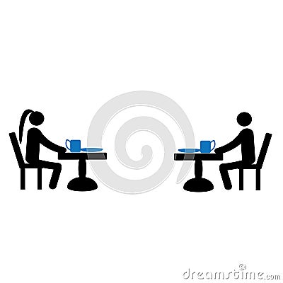 Stick man keeps a distance during a meeting in a restaurant. Prevention of coronavirus. Be safe. Vector Illustration